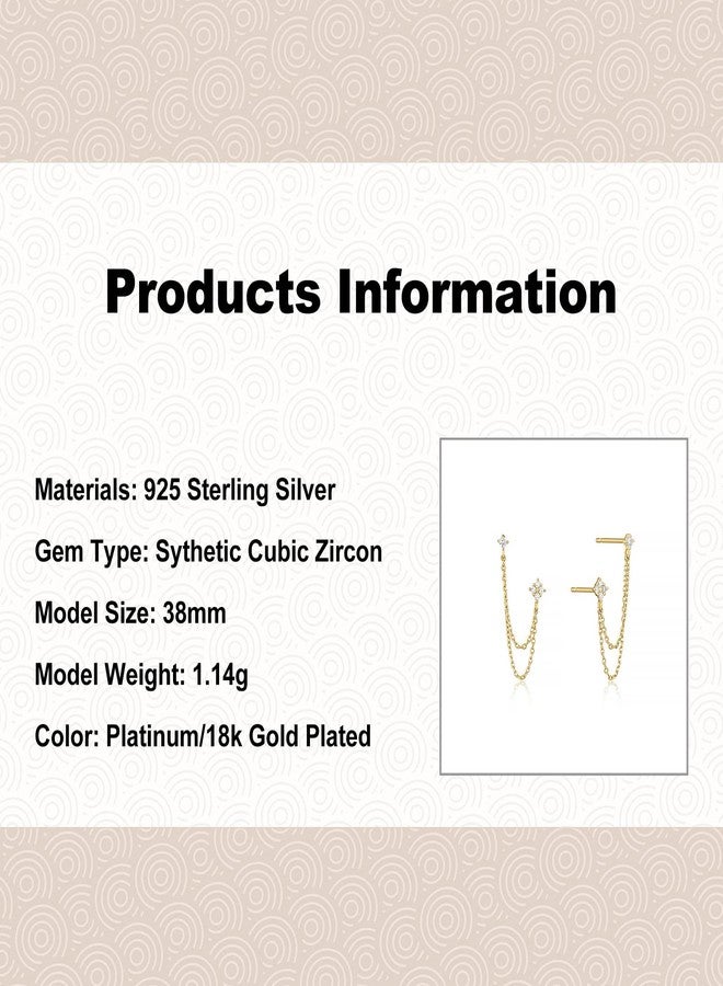 BUAEL 925 Sterling Silver Four Zircons Flower Stud Earrings For Women | Double Studs Chain Tassel Piercing Earring | Gold Plated Double Piercing Dangle Chain Earrings Jewelry Gifts for Women - Image 5